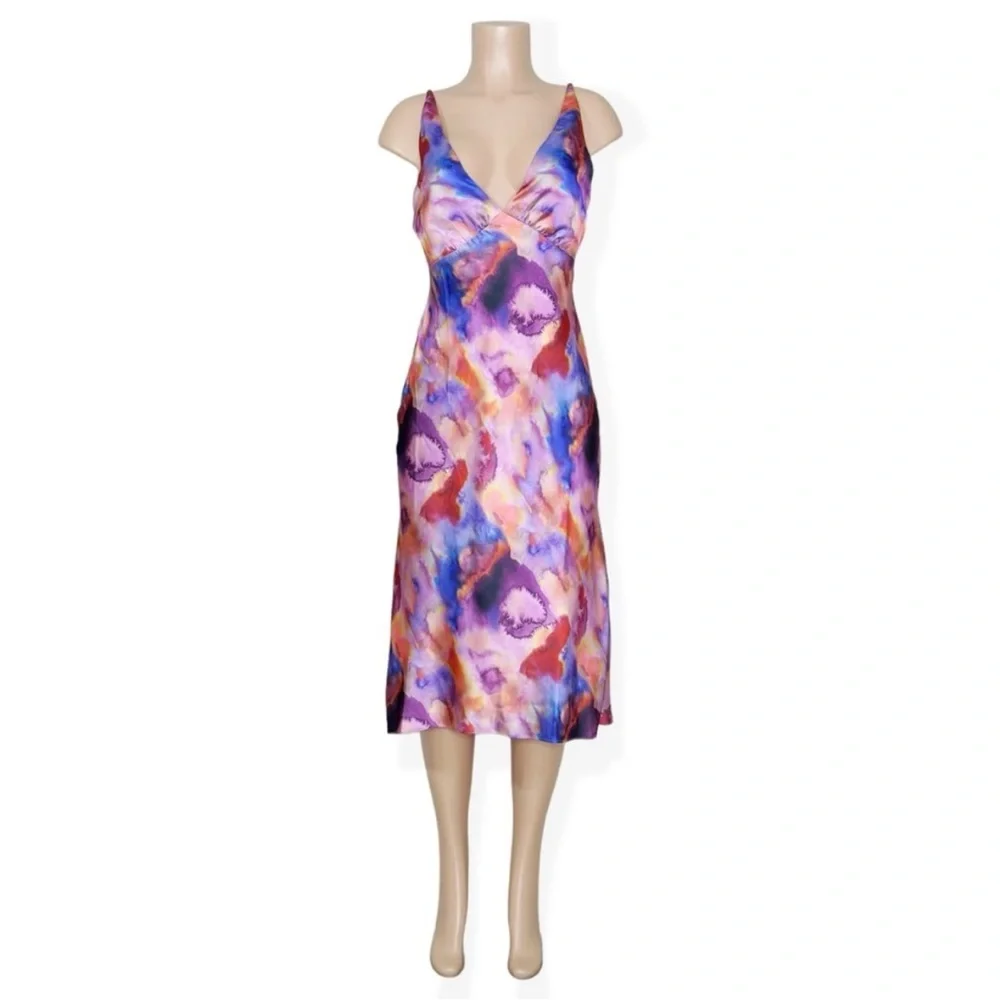 BHLDN Hazel V-Neck Printed Stretch Satin Midi Dress NWT Large - Picture 5 of 9